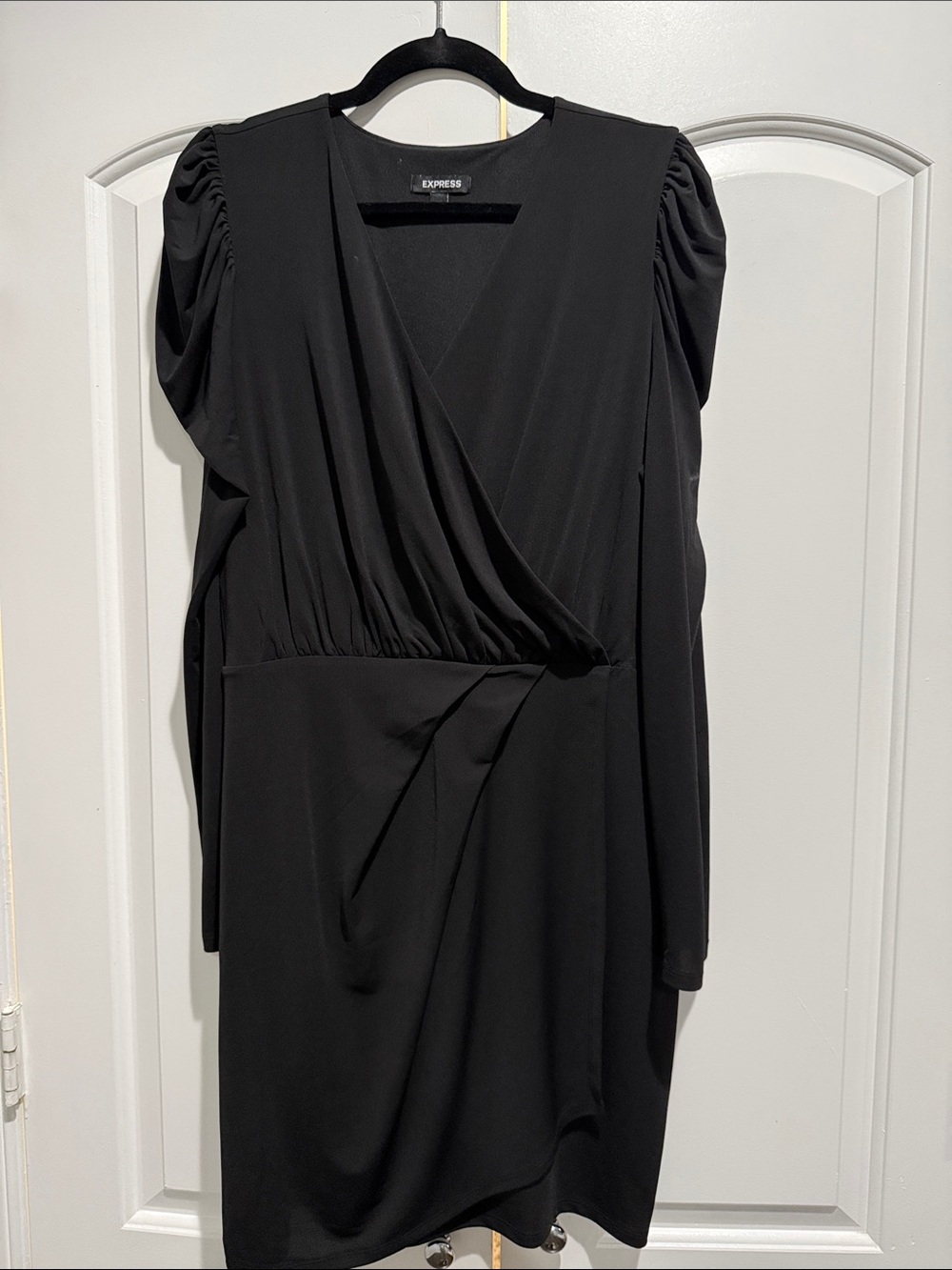 Express Black Faux-Wrap Midi Dress with Ruched Shoulders